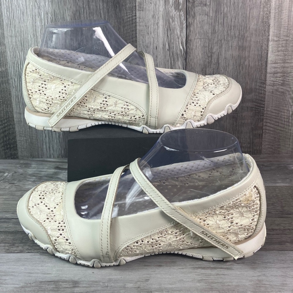 Skechers Bikers Mary Jane Flats Floral Lace Cream Leather 21687EW Womens 8 Wide